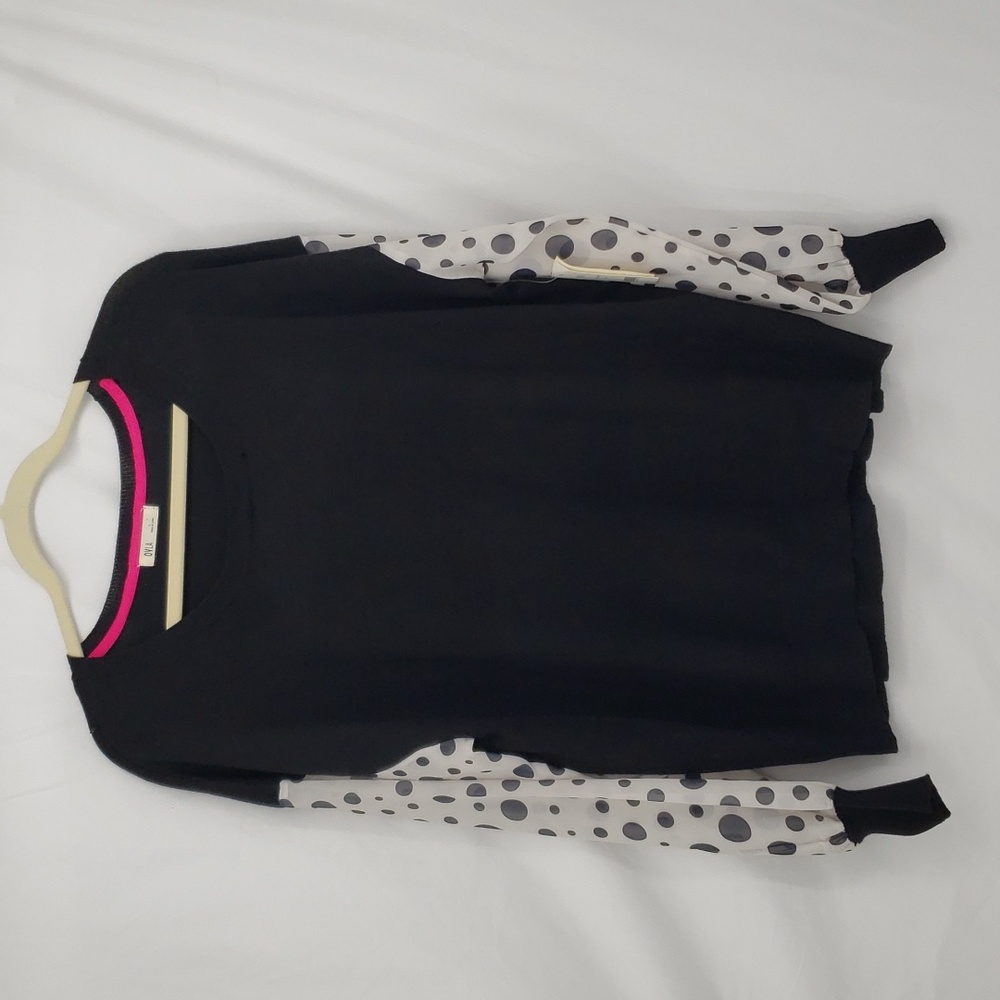 OVLA Black White Crewneck Chiffon Polka Dot Sleeves Sweater Womens Size L